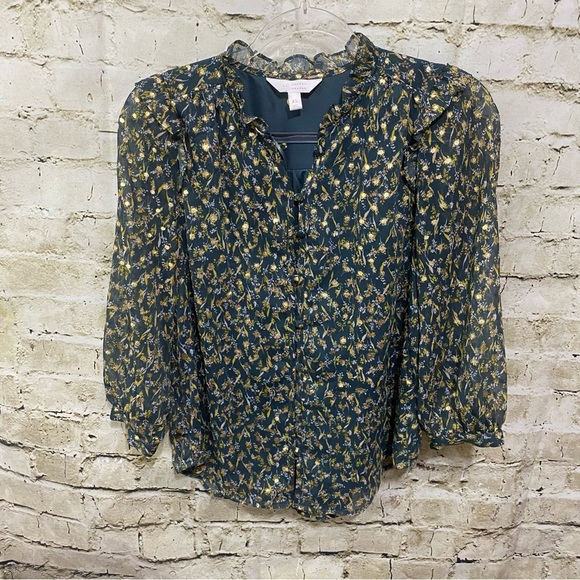 Lauren Conrad Green Gold Floral Print 3/4 Sleeve Button Up Top - Picture 1 of 7